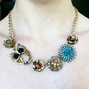 Chunky Gold Statement Necklace Owl Flower Boho Nature Funky Artsy Y2K Kooky Blue